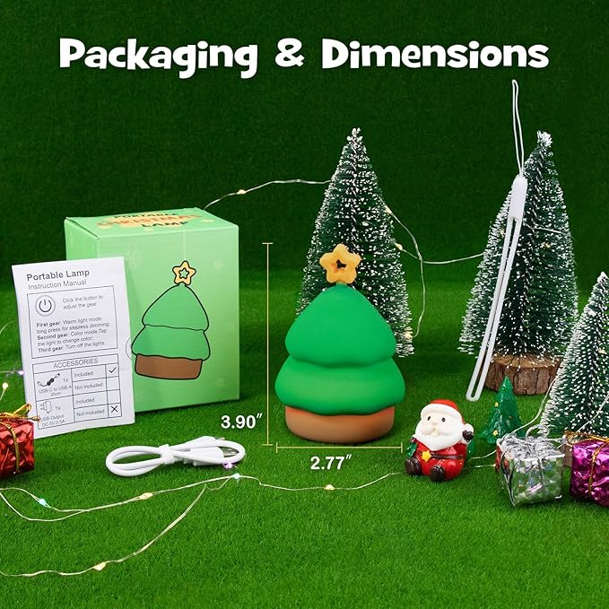 Squishy Christmas Tree Night Light with RGB Modes Dimmable Nursery Breastfeeding Nightlight Hangable Cute Christmas Lamp Novelty Rechargeable Silicone Touch Bedside Lamp for Bedroom Dorm Decor - Bloomnest
