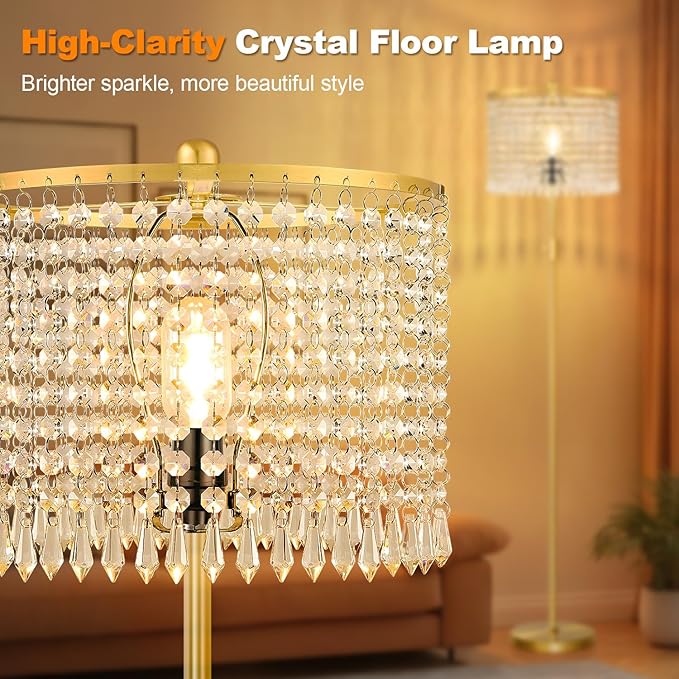 【Upgraded】 Dimmable Floor Lamps for Living Room, 1000LM LED Bulb Included, Standing Lamp with Crystal Lampshade, Tall Gold Pole Light for Bedroom Nursery Office Corner Reading - Bloomnest