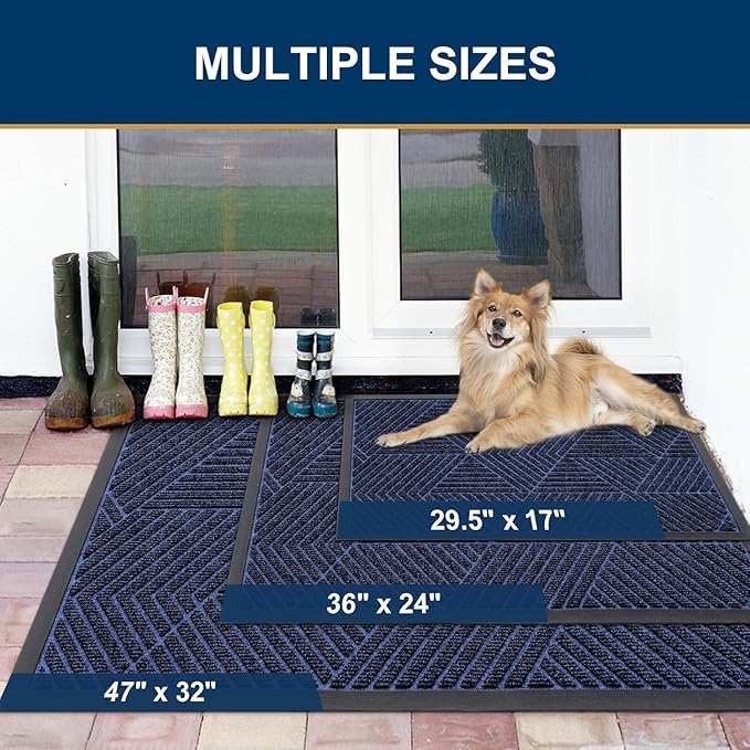 Smiry Front Door Mat Outside Entrance, Heavy Duty Sturdy Natural Rubber Doormat, Trap Dirt and Moisture, Easy Clean Low Profile Mats for Indoor Outdoor Entry, Irregular Triangle (47x24, Navy Blue) - Bloomnest