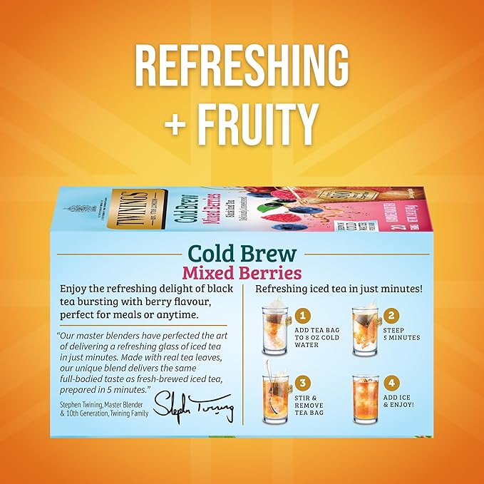 Twinings Mixed Berries Cold Brew Iced Tea Bags, 20 Count (Pack of 6), Unsweetened Flavoured Black Tea, Caffeinated, 120 Teabags - Bloomnest