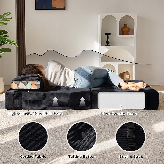 MAXYOYO Folding Sofa Bed, Convertible Sofa Bed with High-Density Support Foam, Portable 4 in 1 Fold Out Chair to Floor Lounger, Versatile Floor Couch for Living Room Bedroom, Black - Bloomnest