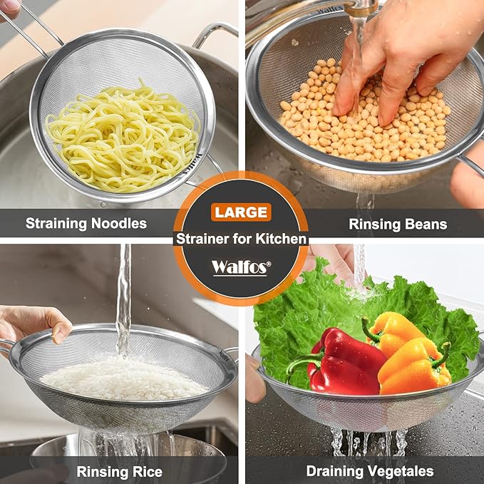 Walfos 9.35 Inch Large Fine Mesh Strainer, Stainless Steel 30 Mesh Sieve with Sturdy Handle, Kitchen Food Strainers Sifters for Rice, Quinoa, Pasta, Fruits, Vegetables, etc. - Bloomnest