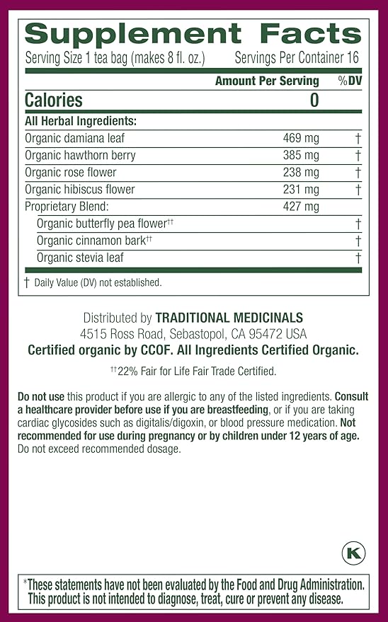 Traditional Medicinals Organic, Rosy Mood, Damiana & Butterfly Pea Flower - Uplifting Mood Support - Kosher, Non-GMO, Caffeine-Free, Compostable - 16 Tea Bags - Bloomnest