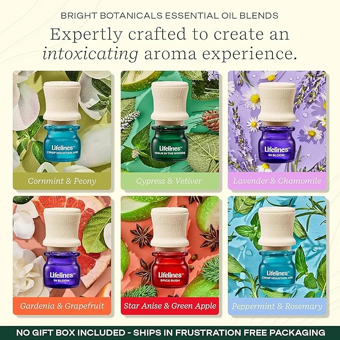 Lifelines Essential Oil Blends, 6-Pack Bright Botanicals Set - Blended Essential Oils with Precision Pump for Aromatherapy Diffusers - Long-Lasting Scented Fragrance - Focus, Calm & Energy Blends - Bloomnest