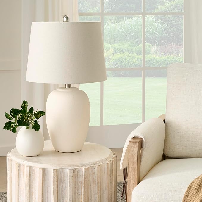 Nourison Home 23" Natural White Ceramic Jar Table Lamp for Bedroom, Living Room, Dining Office, with Off-White Shade - Bloomnest