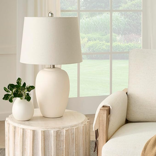 Nourison Home 23" Natural White Ceramic Jar Table Lamp for Bedroom, Living Room, Dining Office, with Off-White Shade - Bloomnest