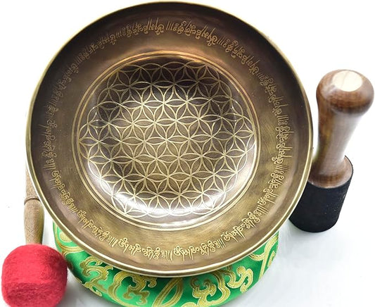 9 Inch Fine Etching Handmade Singing Bowl Yoga Meditation, with cushions and Mallet, Real Sandmade Singing Bowl from Nepal, healing bowls - Bloomnest