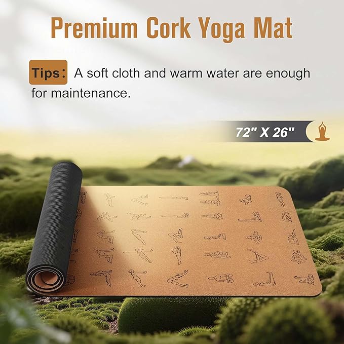 Premium Cork Yoga Mat 1/4 & 2/5 Inch Thick 72 x 26 in, Thick Cork and TPE Non Slip Yoga Mats for Women Men, Sweat Proof Eco-friendly, Great for Hot Yoga & Workouts - Bloomnest