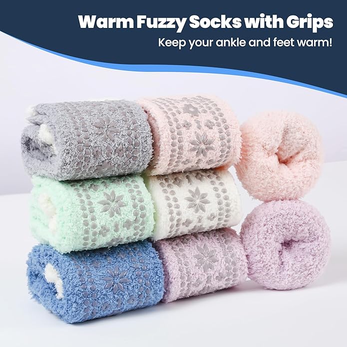 HUGSWEET 6 Pairs Thick Fuzzy Socks with Grip Cozy Non Slip Hospital Socks Home Fluffy Warm Slipper Socks Gifts for Women - Bloomnest