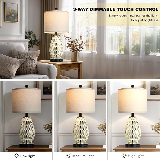 White Rattan Table Lamps Set of 2, 3 Way Dimmable Touch Control Bedside Lamp for Nightstand with 2 USB Ports and AC Outlet, Woven Wicker Bedroom Lamp, Boho Farmhouse Lamps for Living Room End Table - Bloomnest