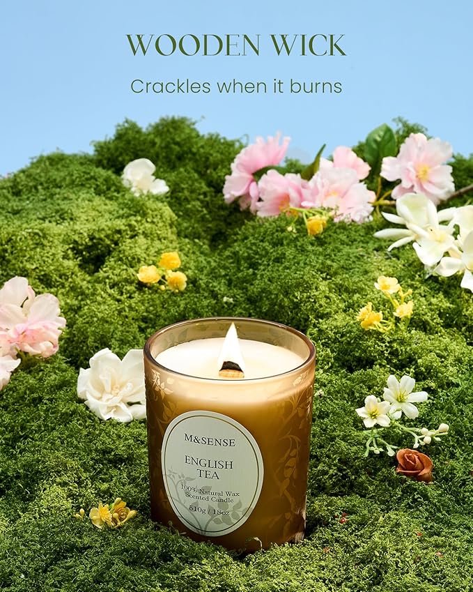 M&SENSE Earl Grey Tea Scented Candle, Cracking Wooden Wick Soy Wax, 18oz 100 Hours Long Lasting Clean Burn, Large Jar Candles for Home Decor, Non-Toxic Relaxing Aromatherapy Gifts for Women - Bloomnest