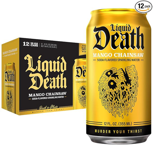 Liquid Death Soda-Flavored Sparkling Water - Mango Chainsaw (Mango Orange), Less Sugar*, Huge Flavor, No Caffeine, No Artificial Sweeteners, 12 Fl Oz (Pack of 12) - Bloomnest