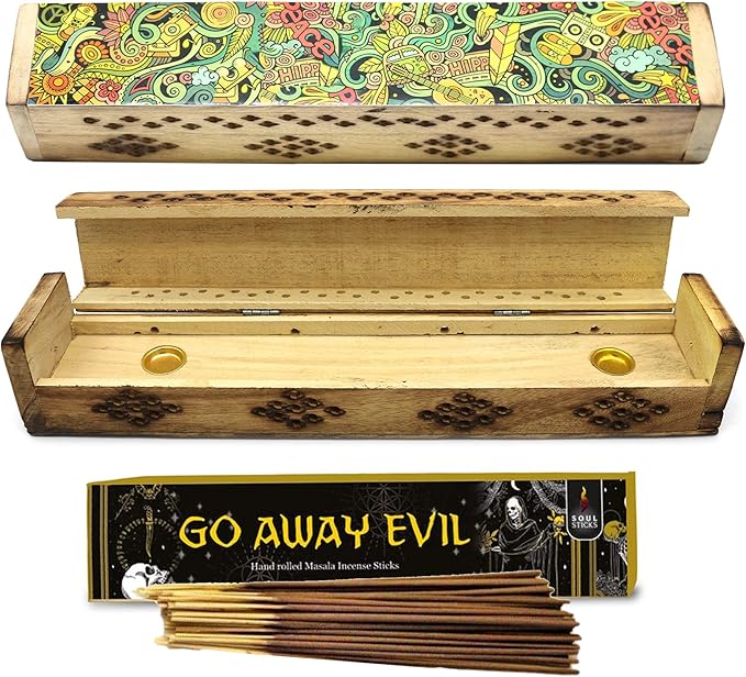 SOUL STICKS Handmade Carved Incense Burner Wooden Coffin Box with Storage Includes Go Away Evil Incense Sticks (Peace Art) - Bloomnest