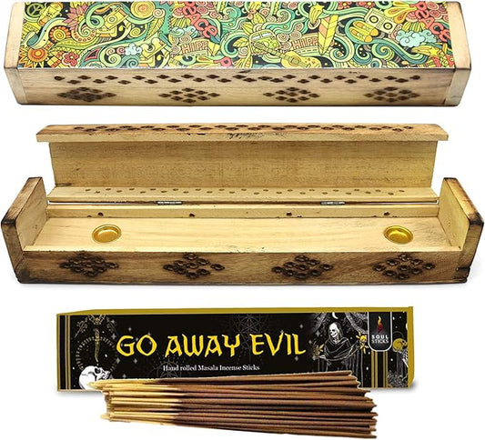 SOUL STICKS Handmade Carved Incense Burner Wooden Coffin Box with Storage Includes Go Away Evil Incense Sticks (Peace Art) - Bloomnest