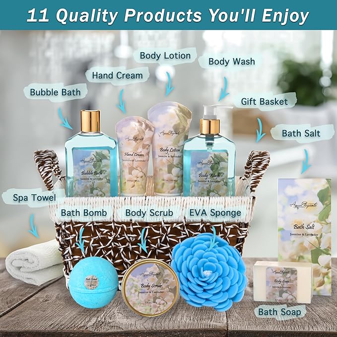 Spa Baskets For Women - Luxury Bath Set With Jasmine & Lavender - Spa Kit Includes Wash, Bubble Bath, Lotion, Bath Salts, Body Scrub, Hand Cream, Shower Puff, Bathbombs, Soap and Towel - Bloomnest