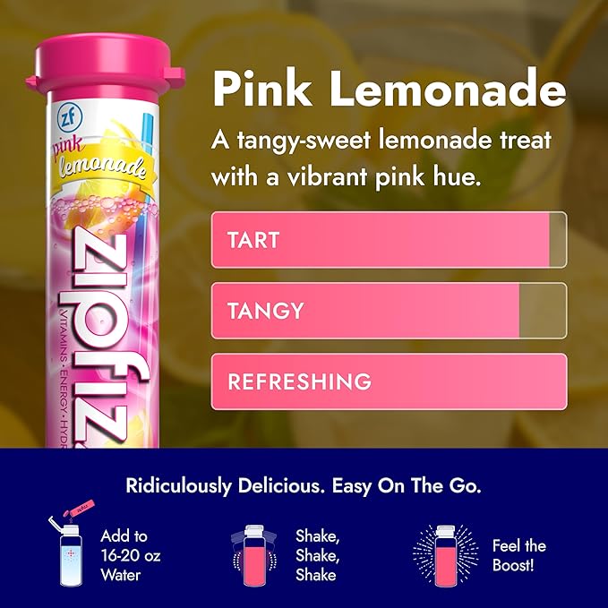 Zipfizz Daily Energy Drink Powder, Pink Lemonade, 12 Pack | 3-in-1 Sustained Energy, Rapid Hydration, and Essential Vitamins | Sugar-Free | Electrolyte Powder | Contains Vitamin B-12 & Antioxidants - Bloomnest