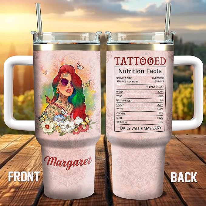 WAZONE Personalized Tattooed Nutrition Facts Tumbler Cup With Lid Custom Name Native American Butterfly Flower Floral Vintage Travel Coffee Mug Insulated Cups 40oz Gifts For Tattoo Lovers - Bloomnest