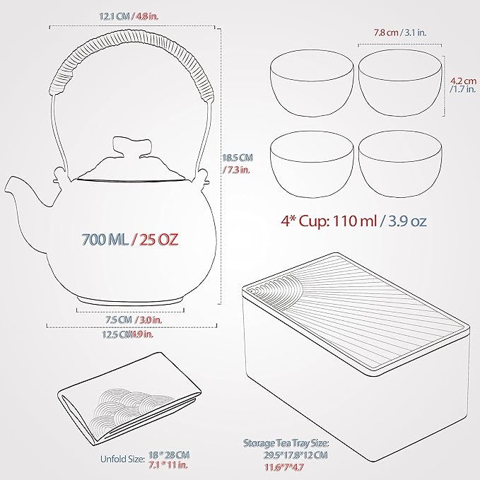TEANAGOO Japanese Tea Set, Chinese Tea Sets, Porcelain Japanese Tea Cups, Chinese Gongfu Tea Set, Asian Tea Set for Adults, Japanese Teapot Set, 1 Teapot (700ml/25oz) + 4 Tea Cups(205ml/7.2oz), U4