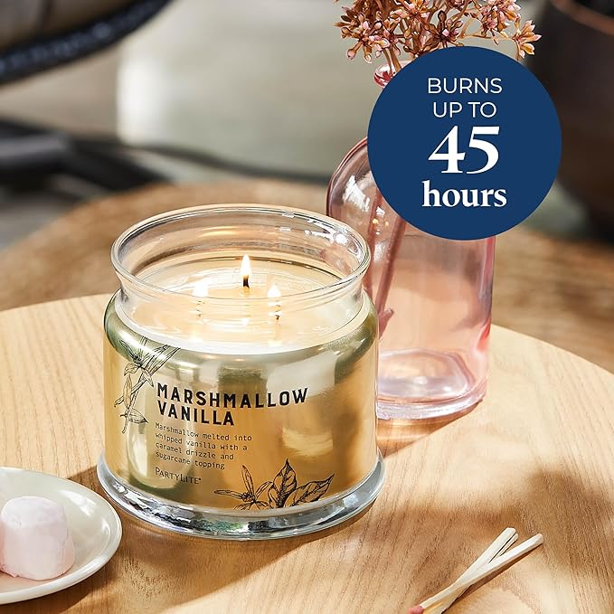 PartyLite Marshmallow Vanilla Scented with Caramel & Sugarcane Notes, 13.2oz 3-Wick Jar Candle, 45 Hour Burn Time, Luxurious Fragrance, Ideal for Gifting - Bloomnest