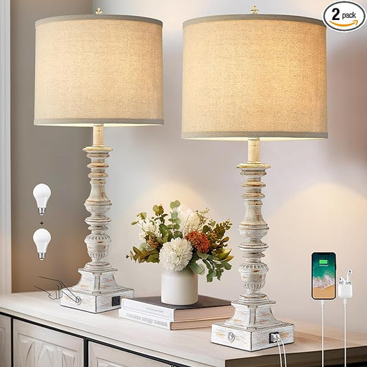 Farmhouse Table Lamps for Bedroom Set of 2 Vintage 3-Way Dimmable Touch Control Nightstand Lamps, Bedside Lamps for Living Room, Traditional Nightstand Lamp End Table lamps 28.5" (Bulbs Included) - Bloomnest