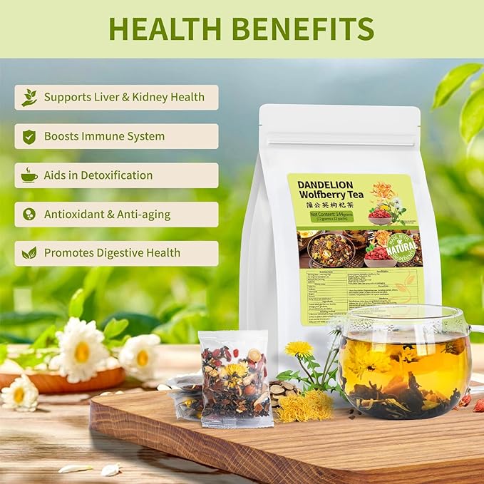 Dandelion Wolfberry Tea, Natural Kidneys & Liver Health Dandelion Root Tea with Dandelion, Wolfberry, Cassia Seed, Chrysanthemum, Licorice, Orange Peel, Gardenia (3 Pack/36 Bags) - Bloomnest