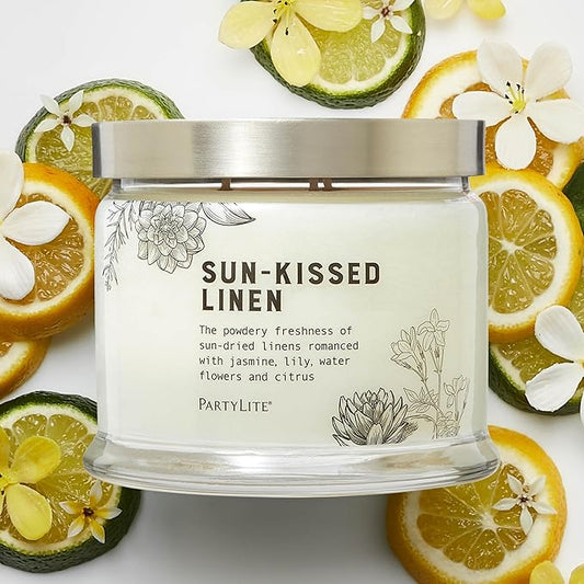 PartyLite Sun-Kissed Linen Scented, Notes of Jasmine Musk, Lily & Citrus, 13.2oz 3-Wick Jar Candle, 45 Hour Burn Time, Luxurious Fragrance, Ideal for Gifting - Bloomnest
