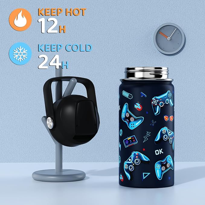14oz Kids Insulated Water Bottle with Straw Lid - 18/8 Stainless Steel Kid Cup Travel Tumbler Double Wall Vacuum Leak Proof Portable Toddler Water Bottle (Lightning+Game） - Bloomnest