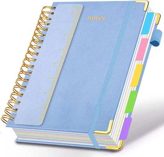 Hardcover Spiral Notebook 6.2"x 8.2" Journal Notebook with Tabs and Removable Dividers 300 Pages 5 Subject Notebook College Ruled, Faux Leather Spiral Bound Notebook for Women School Work(Lake Blue) - Bloomnest