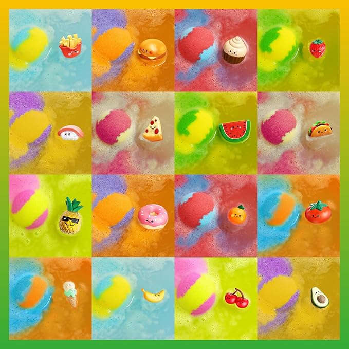 Kids Bath Bombs with Food Toys Inside, 16 Pack Colorful Surprise Bath Fizzies Set, Organic Fizzy Bubble Bath Bombs for Girls & Boys, Ages 3+ - Bloomnest