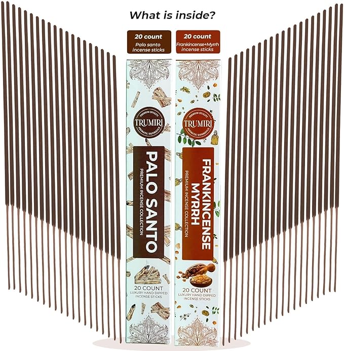 Trumiri Incense Sticks - Combo Pack of 40 Insence-Sticks - 20 Palo Santo + 20 Frankincense Myrrh - Insenses - Insents - Incents - Inscense - Incence - Incienso - All Natural Incense Sticks TRUMIRI