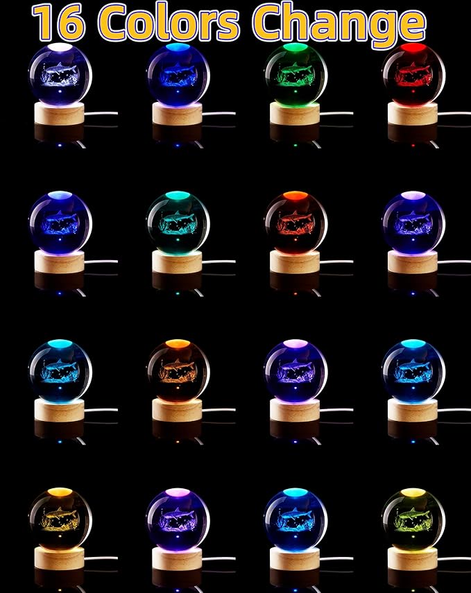 Shark Crystal Ball Night Light, 3.15 Inch K9 Crystal Ball with Wooden Base, 16 Colors, Remote Control, Art Deco Decor - Bloomnest