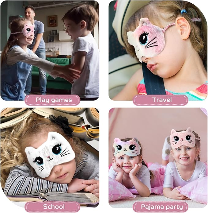 3 Pieces Sleep Mask for Kids, Girls Plush Sleeping Eye Cover Soft Eye Blindfold Cover Animal Shade for Kids(Colorful,Cat Style) - Bloomnest