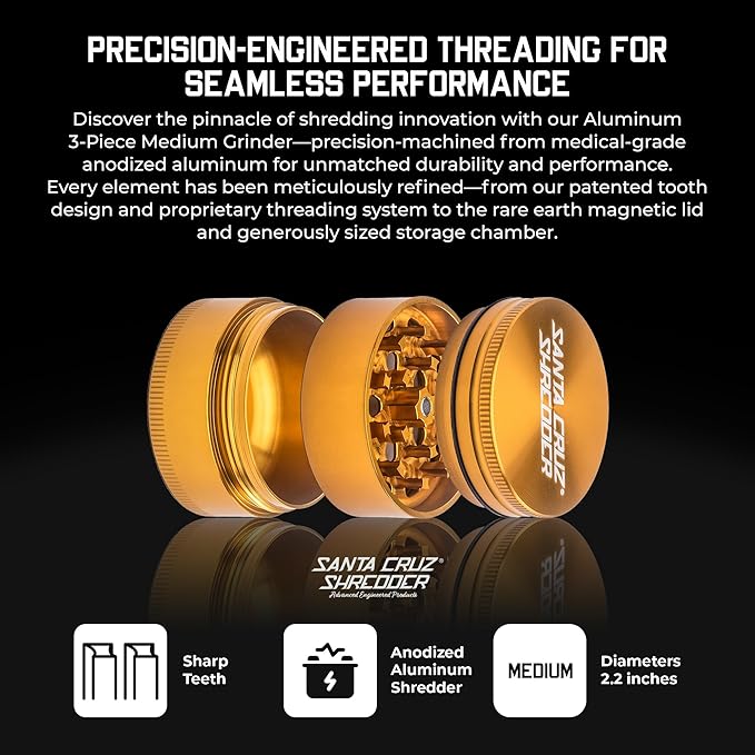 Santa Cruz Shredder Metal Spice Grinder Knurled Top for Stronger Grip 3-Piece Medium 2.2" (Gold) - Bloomnest