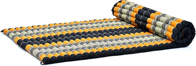 Leewadee - Kapok Roll Mat – Handcrafted Folding Sleep & Relaxation Mattress from Thailand, Ideal as Guest Bed, Camping Mat, Yoga Mat or Traditional Futon, 75 x 39 inches, Black Orange - Bloomnest