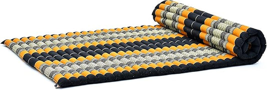 Leewadee - Kapok Roll Mat – Handcrafted Folding Sleep & Relaxation Mattress from Thailand, Ideal as Guest Bed, Camping Mat, Yoga Mat or Traditional Futon, 75 x 39 inches, Black Orange - Bloomnest