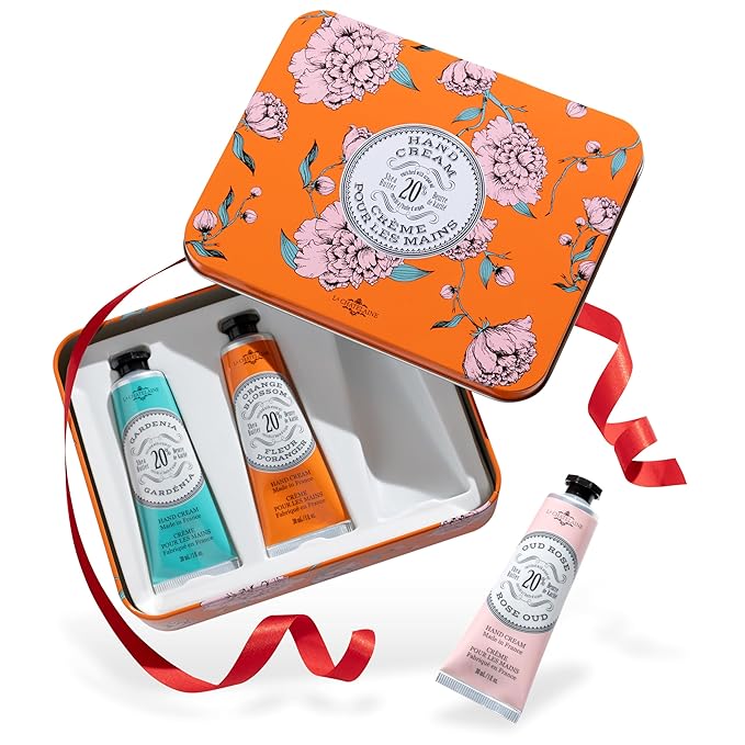 La Chatelaine Hand Cream Trio Tin, Gifts for Mom, Natural Hand Lotion Gift Set, Made in France 20% Organic Shea Butter (Gardenia, Cinnamon Orange, Passion Fruit or Orange, Oud Rose) 3 x 1 fl. oz - Bloomnest