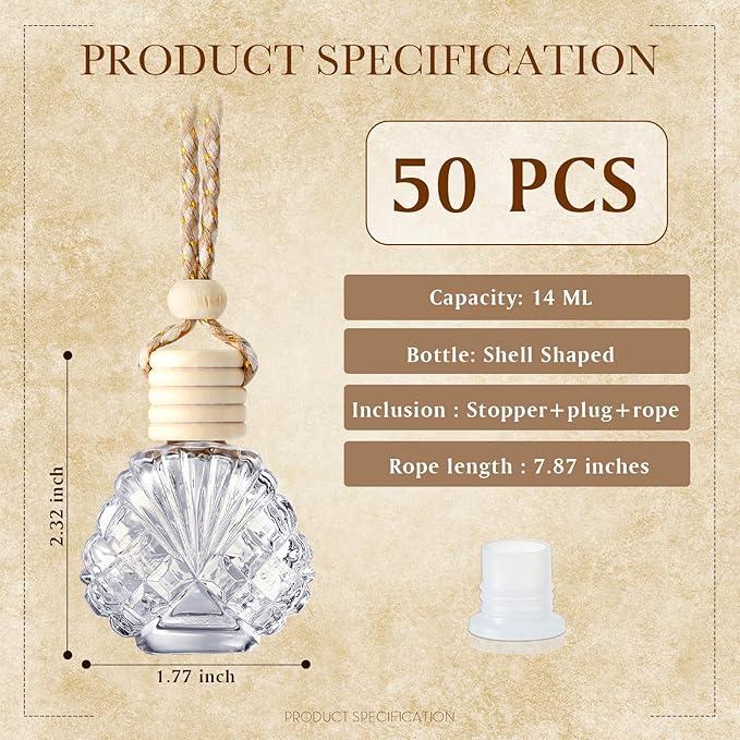 BBTO 50 Pcs Hanging Car Air Freshener Car Diffuser Bottles Empty Glass Perfume Bottle Freshener Diffuser Bottle Pendant for Essential Oil Fragrance Aromatherapy Bottle Ornament(Shell) - Bloomnest