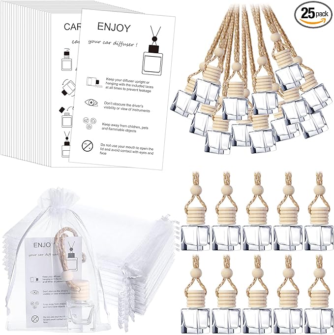 Boao 25 Sets Hanging Car Air Freshener Diffuser Bottles Empty Bulk with Car Diffuser Instruction Cards Organza Bags Glass Refillable Essential Oil Fragrance Aromatherapy Pendant (Cube, Clear) - Bloomnest