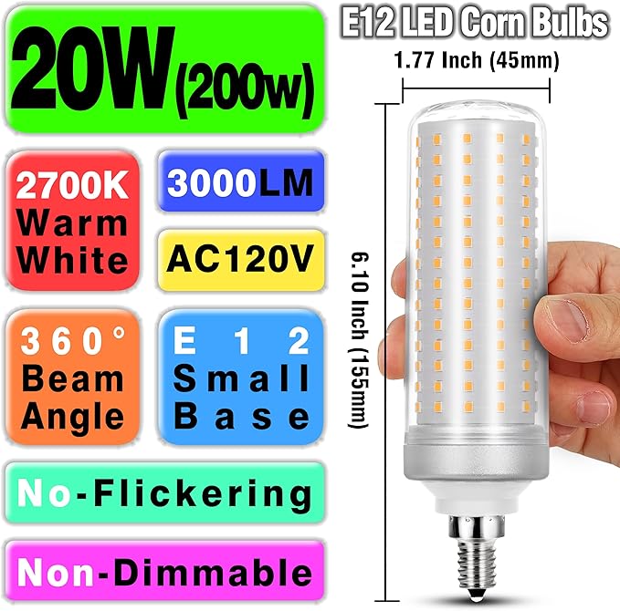 Big Size 1.77x 6.1 inch, E12 200w LED Candelabra Bulbs C7 Replacement,2700K Warm White,3000 Lumen T6 E12 20W LED Chandelier Light Bulbs for Ceiling Fan Pendant Lighting Floor Lamp,Non-dimmable,3 Pack - Bloomnest