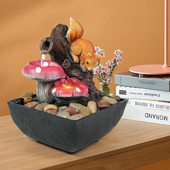Ferrisland Tabletop Water Fountain Indoor - 3 Tiered Waterfall Fountain Indoor Desktop Water Feature with Light Squirrels Animal Sculpture Relaxation Fountains for Office Home Decor, Gift Idea - Bloomnest
