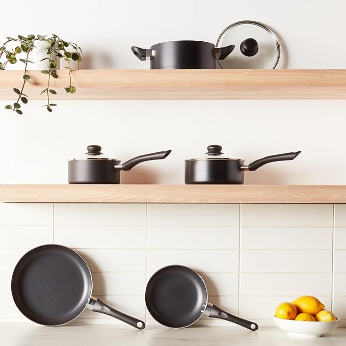 Amazon Basics Non Stick Kitchen Cookware 8-Piece Set, Non-Induction, Includes Pots and Pans, Black - Bloomnest