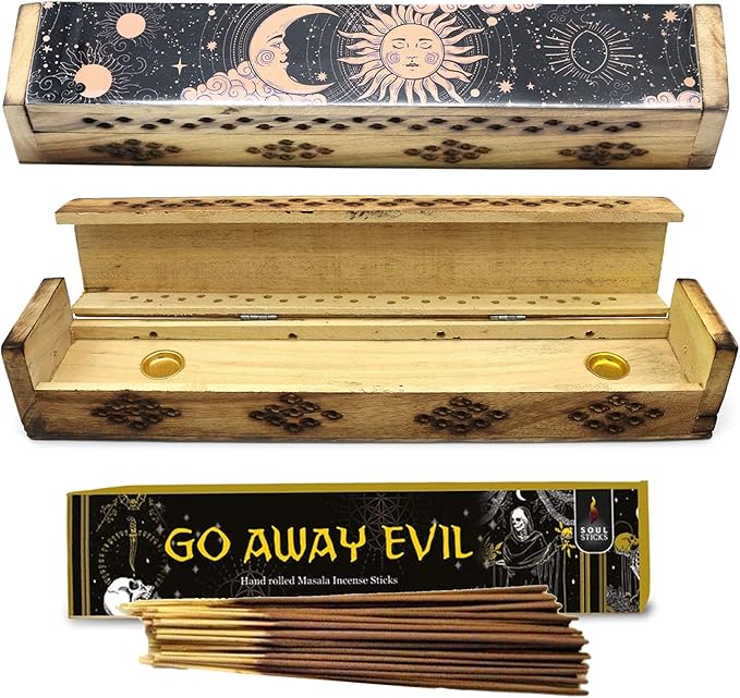 SOUL STICKS Handmade Carved Incense Burner Wooden Coffin Box with Storage Includes Go Away Evil Incense Sticks (Pink Sun and Moon) - Bloomnest