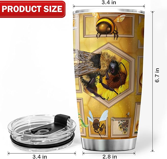 Bee Tumbler With Lid 20oz Stainless Steel Travel Cups Insect Animal Print Christmas Birthday Present For Girls Yellow Bee Themed Items Insulated Double Walled Coffee Mugs - Bloomnest