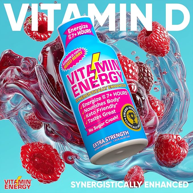 Vitamin Energy Vitamin D Extra Strength Energy Shot Mixed Berry 8 Pack, 260mg Natural Caffeine, B-Complex, Vitamin D, Wellness Support, Keto, Zero Sugar, Gluten-Free Vegan Kosher, 1.93 fl oz - Bloomnest