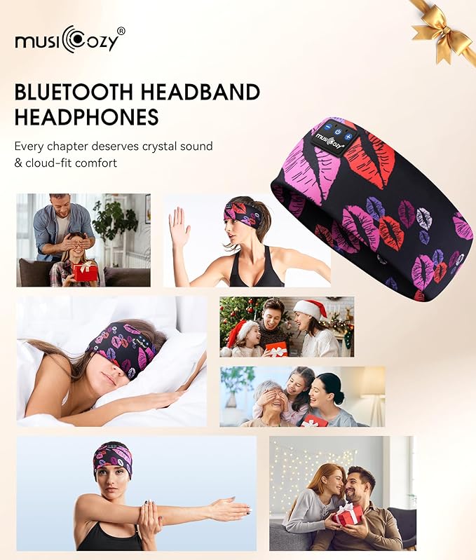 MUSICOZY Sleep Headphones Bluetooth 5.4 Headband, Wireless Earphones Music Sleep Earbuds Sleeping Eye Mask with HD Stereo Speakers for Workout Running Travel Yoga, Ideal Gifts (Rainbow Lip) - Bloomnest