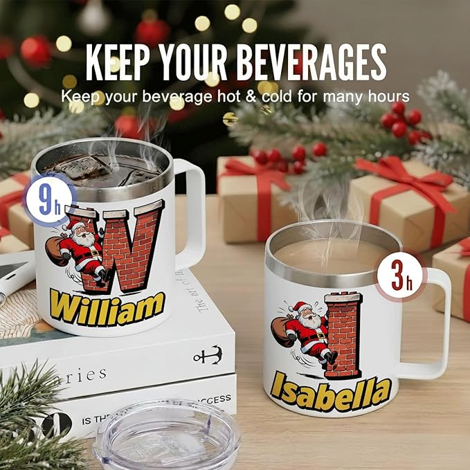 JugJug Personalized Christmas Mug with Initial & Name - Funny Santa Climbing Chimney 12oz Insulated Coffee Cup with Lid - Xmas Gifts for Kids, Boys (B157) - Bloomnest