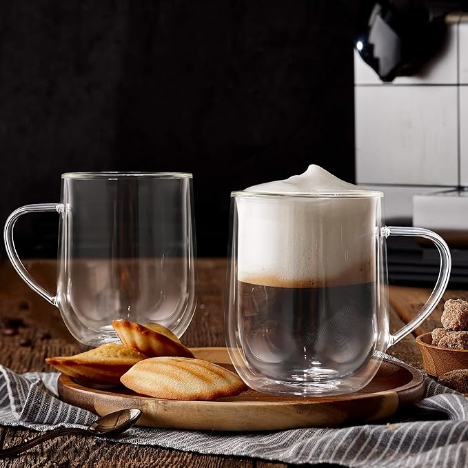 Joeyan Large Clear Double Walled Glass Coffee Mugs 15 oz, Double Layer Tea Latte Cappuccino Cups with Handle, Double Lined Insulated High Borosilicate Glassware for Milk and Hot Beverages, Set of 2 - Bloomnest