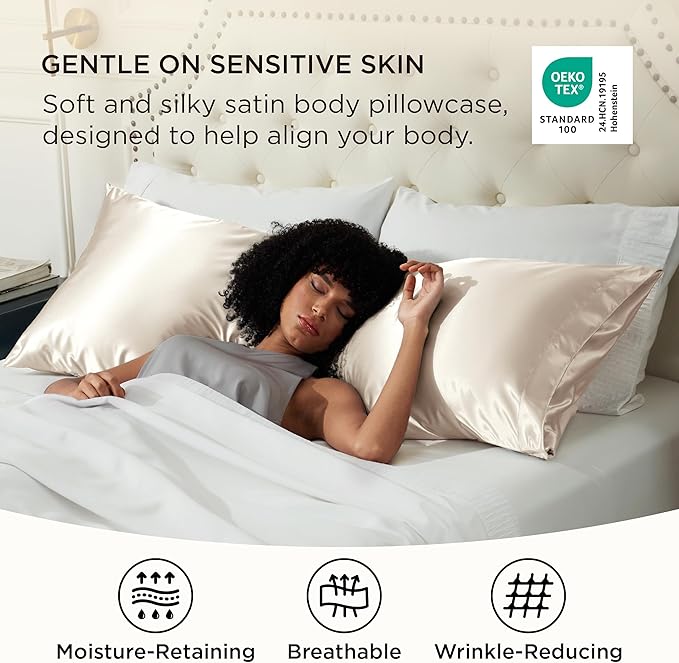 Bedsure Body Pillow Cover 20x54 Inches - Beige Satin Similar to Silk Pillowcase for Hair and Skin, Cooling and Silky Long Body Pillow Pillowcase with Envelope Closure, Gifts for Women Men - Bloomnest