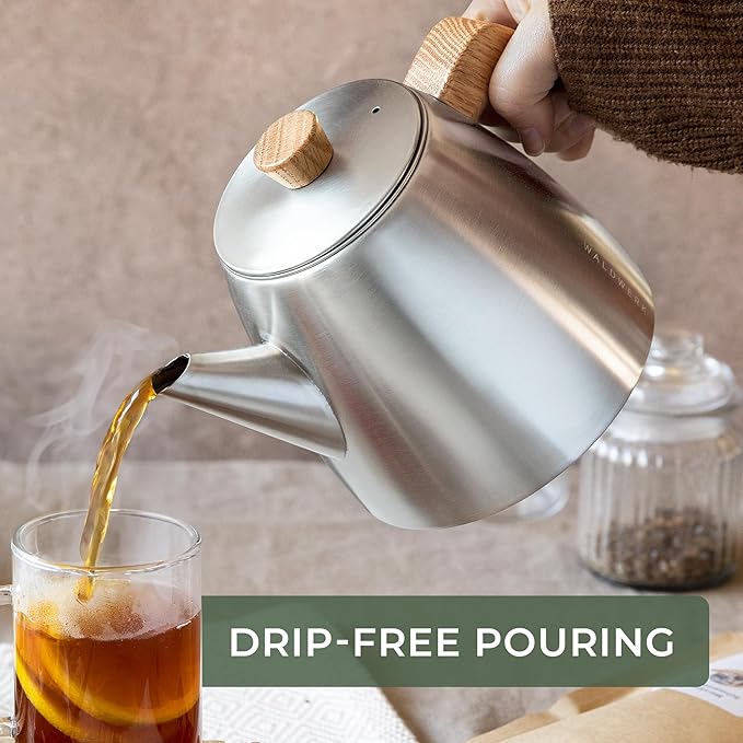 WALDWERK Tea Pot with Infuser - Double Wall Stainless Steel Teapot - Tea Pot with Infuser for Loose Tea - Made from 304 Stainless Steel and Oak Wood - Isolated Teapot with Strainer - 100% Drip Free - Bloomnest