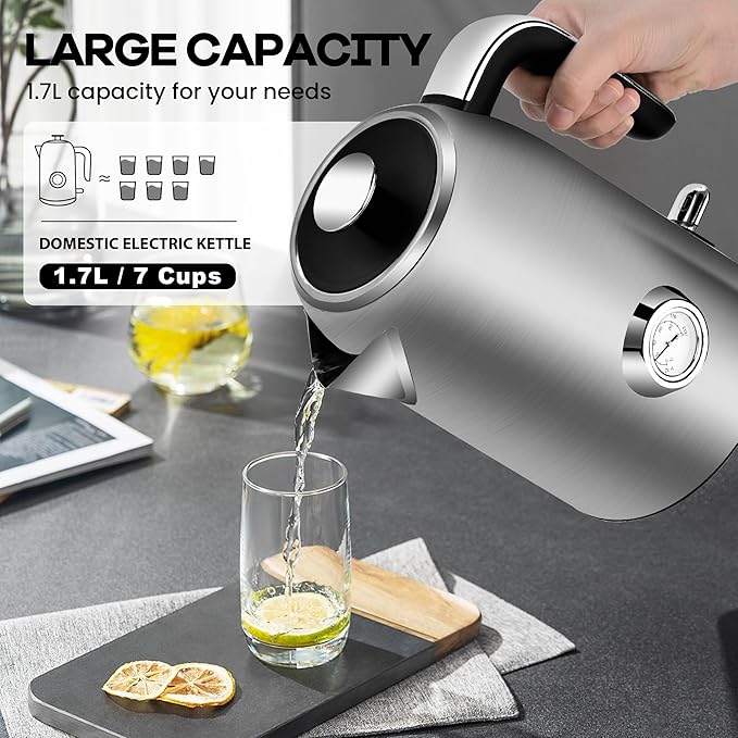Pukomc Electric Kettle,1.7L Stainless Steel Electric tea kettle with Temperature Gauge, Fast Boiling, Auto Shut - off, BPA - Free, Boil - Dry Protection, (Silver) - Bloomnest